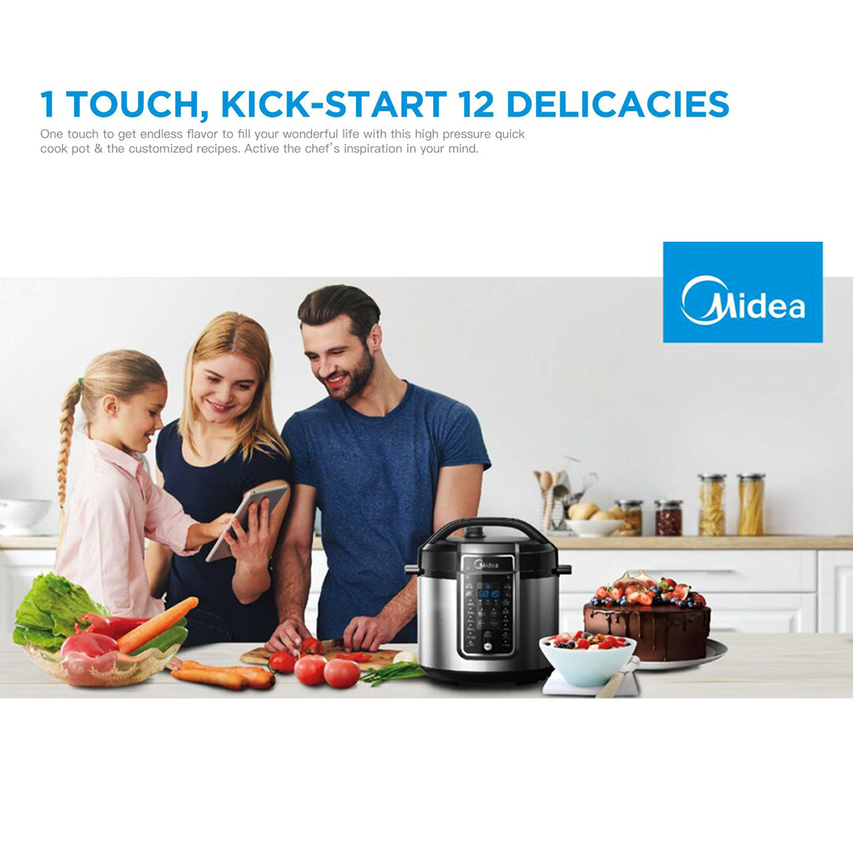 Family in a kitchen with a Midea pressure cooker, surrounded by fruits and vegetables.