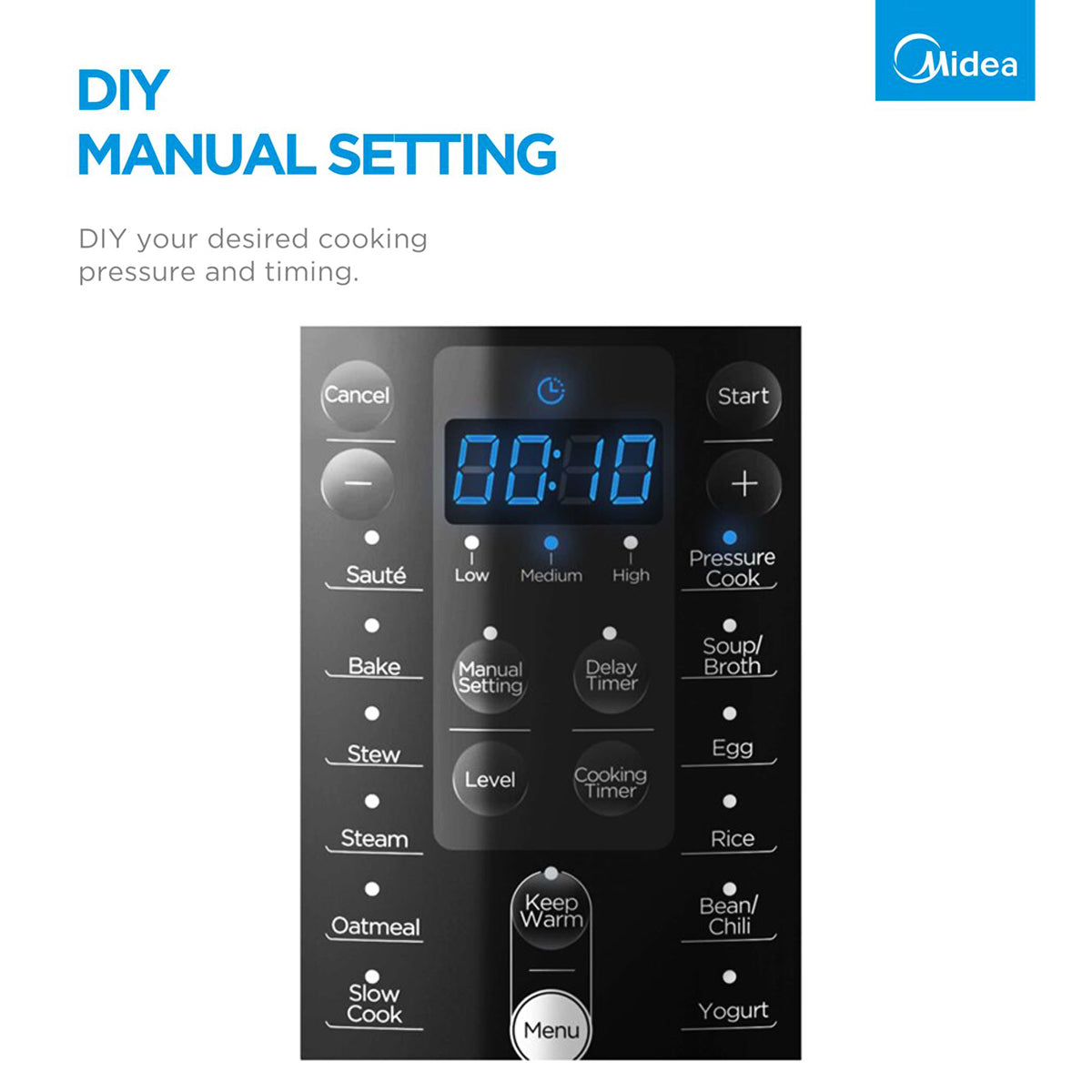 Midea pressure cooker control panel with digital display and buttons on a white background