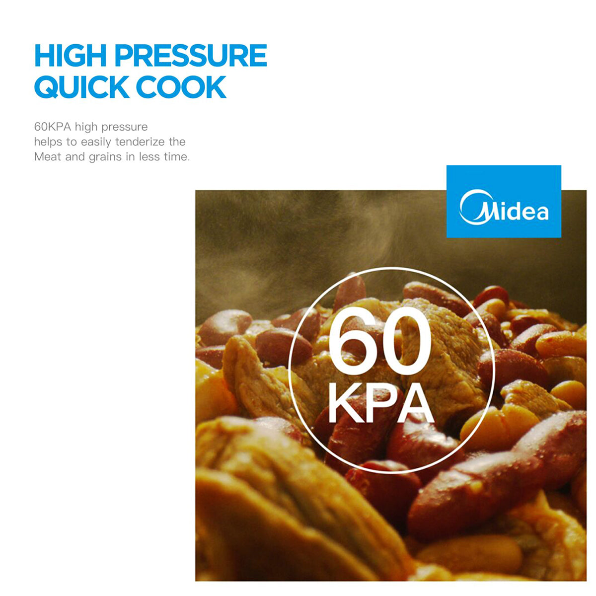 Midea high pressure quick cook product with food and 60 KPA text on a white background