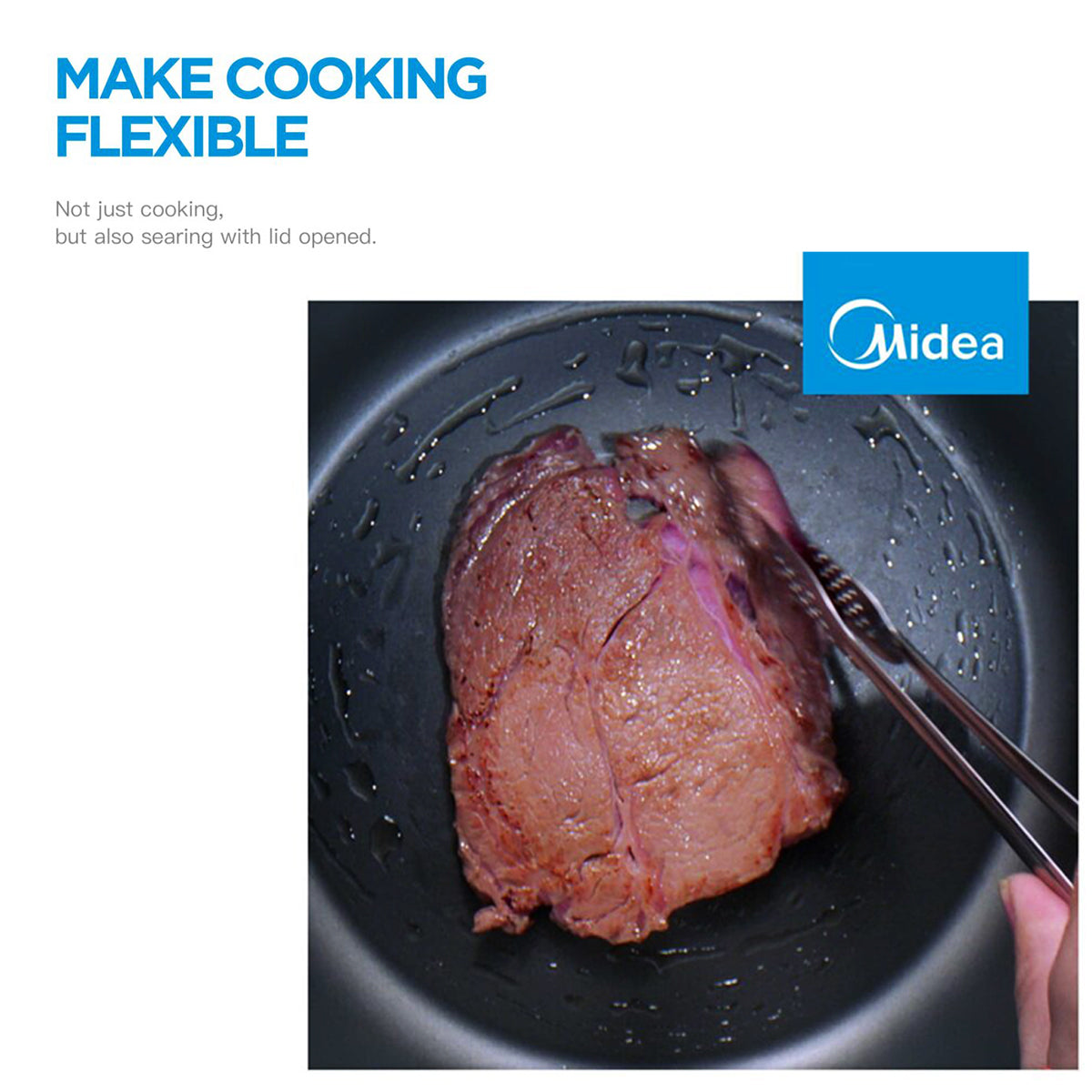 Cooking pan with a piece of meat and tongs, Midea brand visible