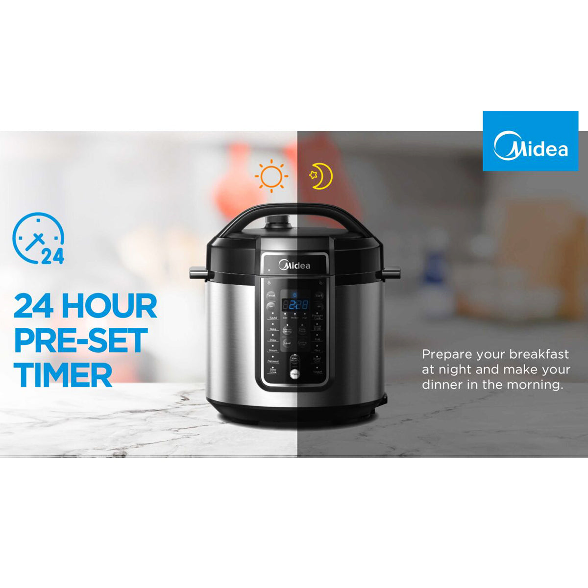 Midea pressure cooker with 24-hour preset timer feature on a blurred kitchen background