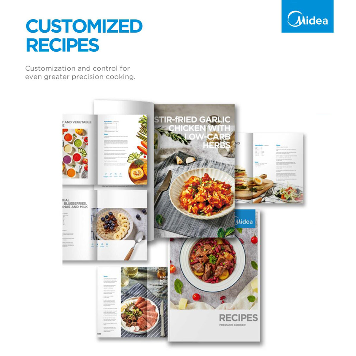 Midea recipe book with various dishes and customization control text on a white background