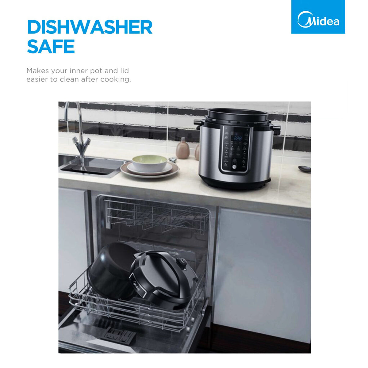 Midea pressure cooker on a kitchen counter with an open dishwasher below