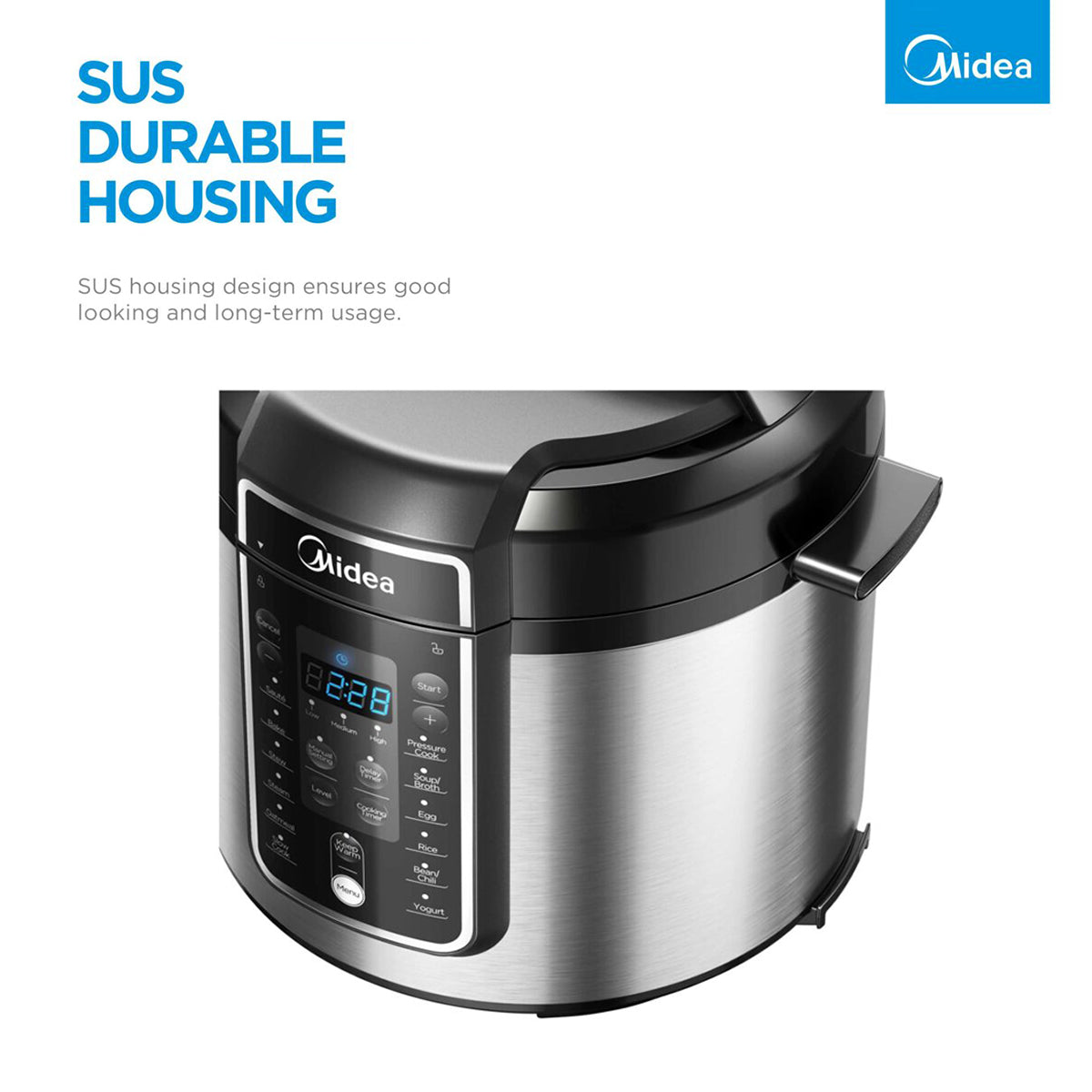 Stainless steel pressure cooker with digital display on a white background, featuring Midea branding.