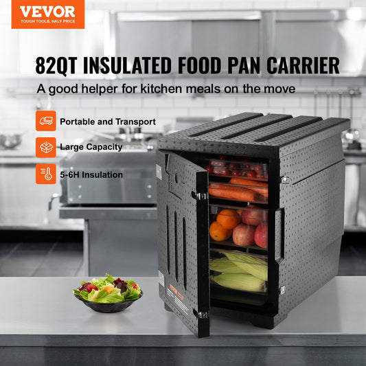 82QT Insulated Food Pan Carrier with VEVOR logo, shown with food inside on a kitchen counter.
