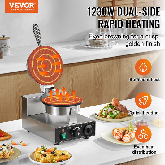 Vevor waffle maker with food on a kitchen counter, highlighting features like dual-side rapid heating.