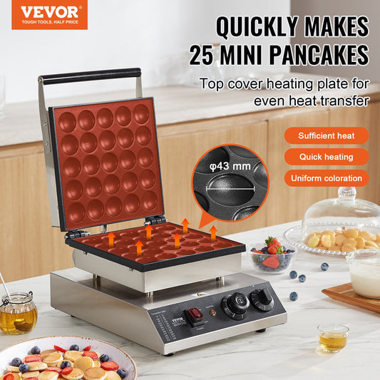 Vevor mini pancake maker on a kitchen counter with text highlighting features