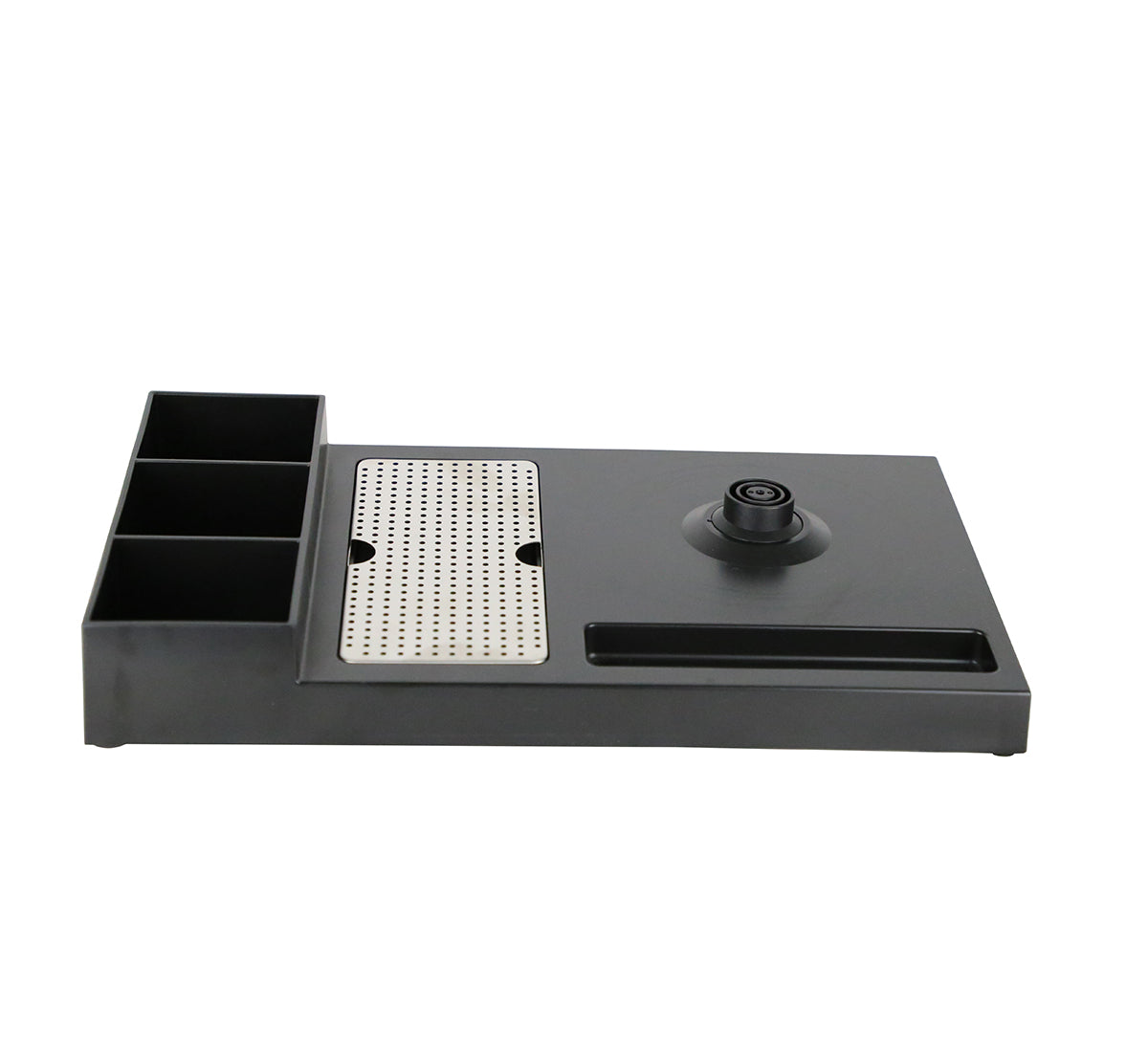 Black desk organizer with compartments and a pegboard on a white background