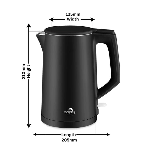 Black electric kettle with dimensions labeled on a white background