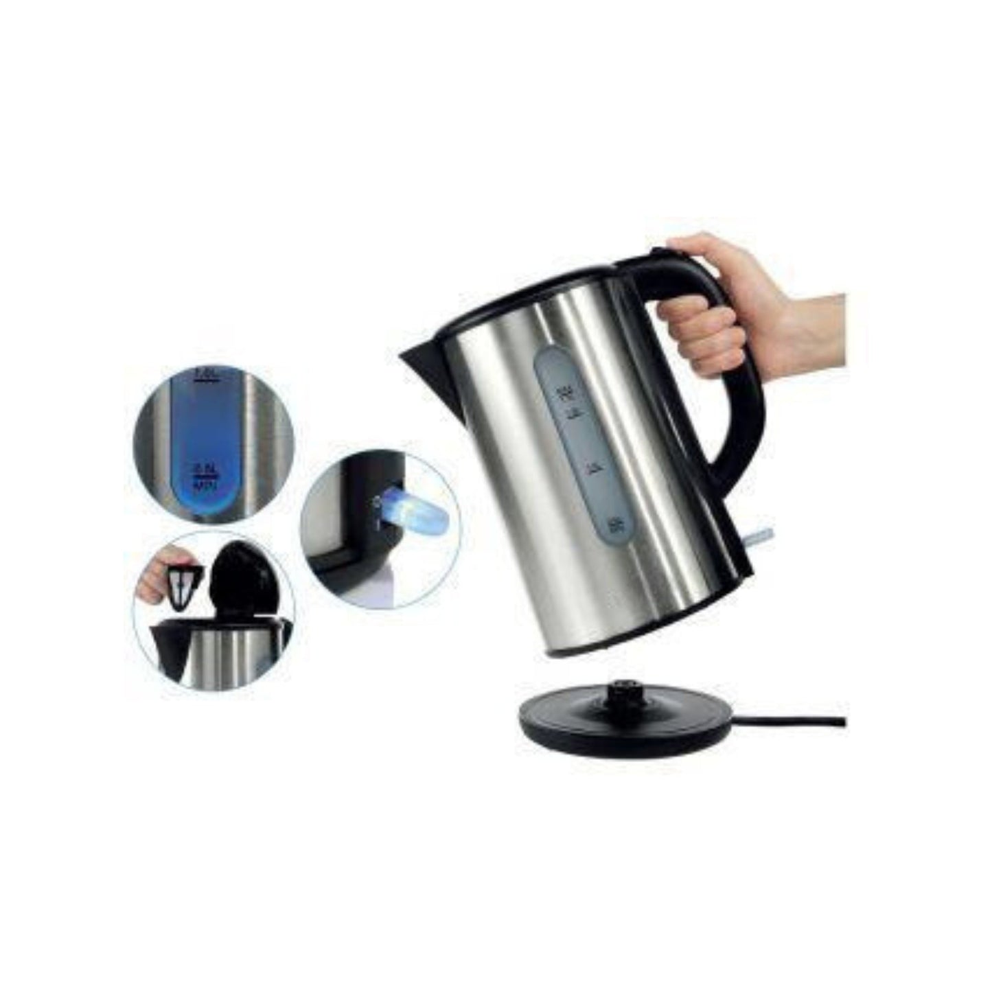 Electric kettle being held by a hand with close-up insets on a white background
