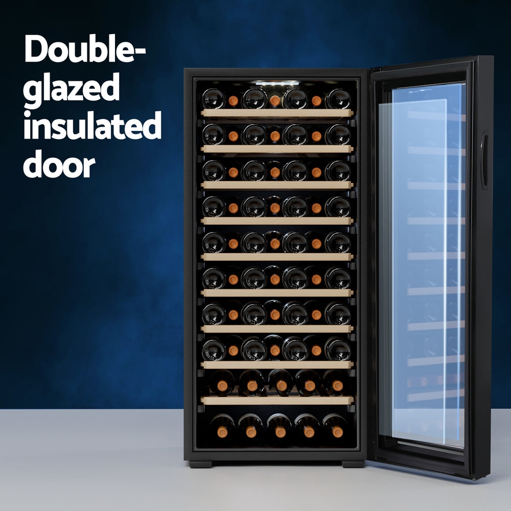 Wine cooler with double-glazed insulated door on a blue background