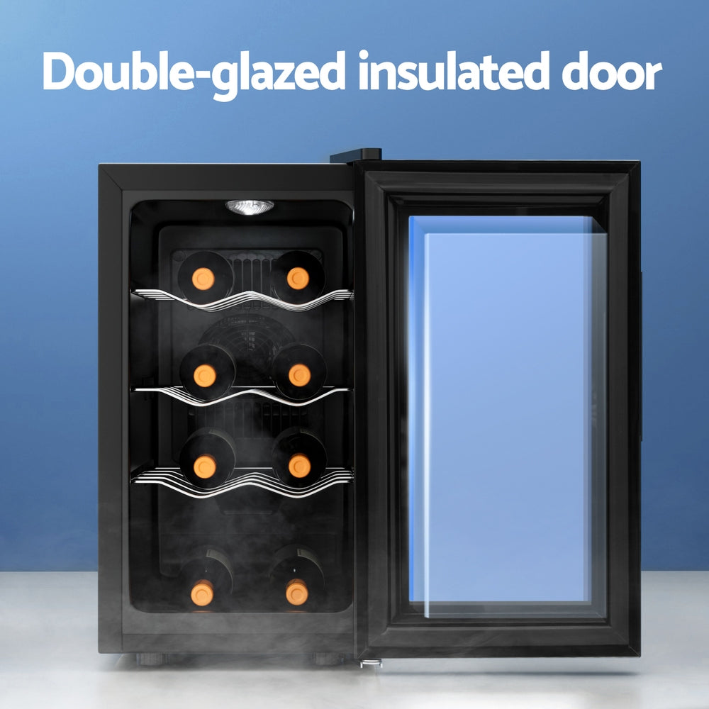 Wine cooler with double-glazed insulated door on a blue background