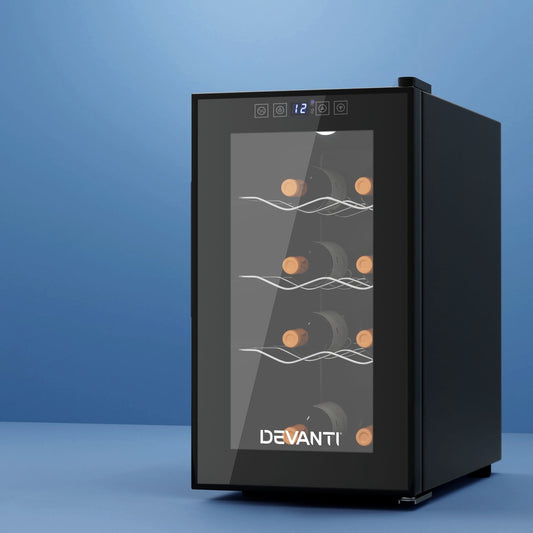 Devanti wine cooler with digital display on a blue background