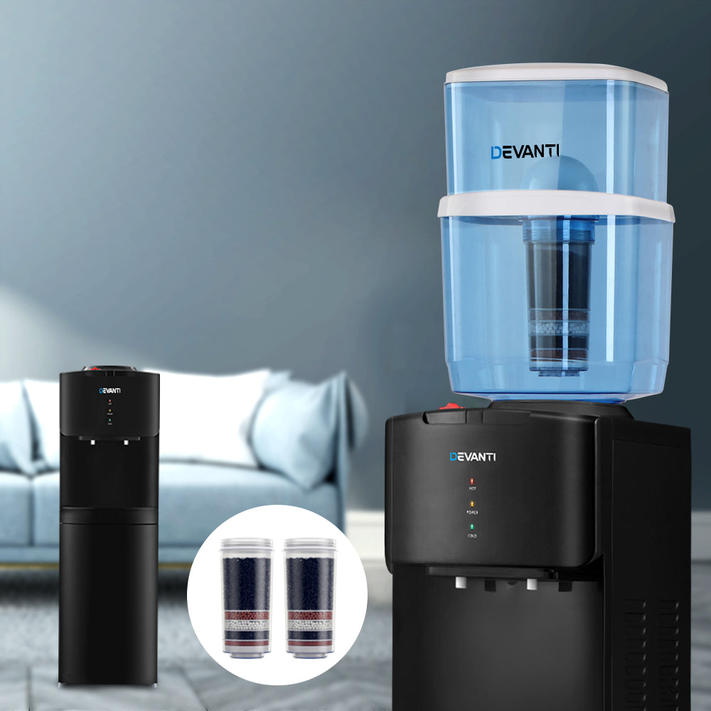 Devanti water dispenser with blue water tank and black base in a room setting.