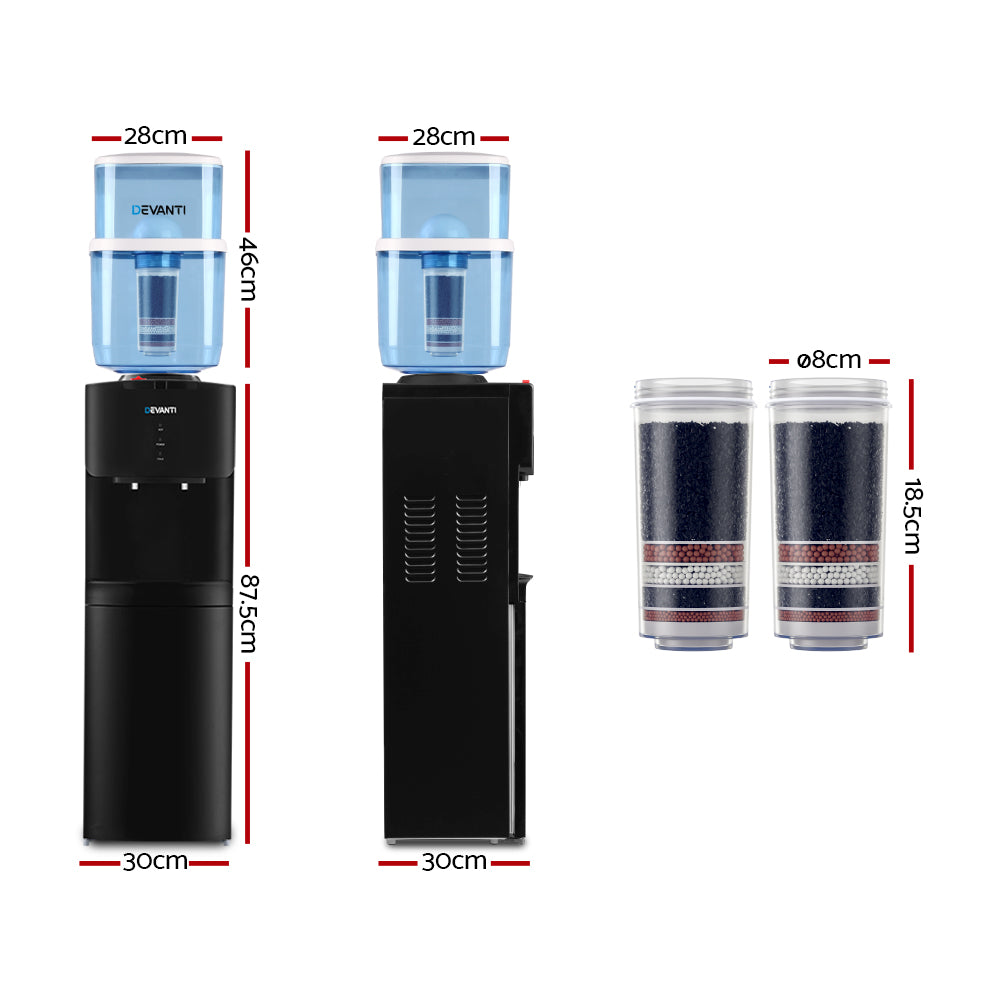 Measurement chart of a water dispenser and filters with dimensions labeled.
