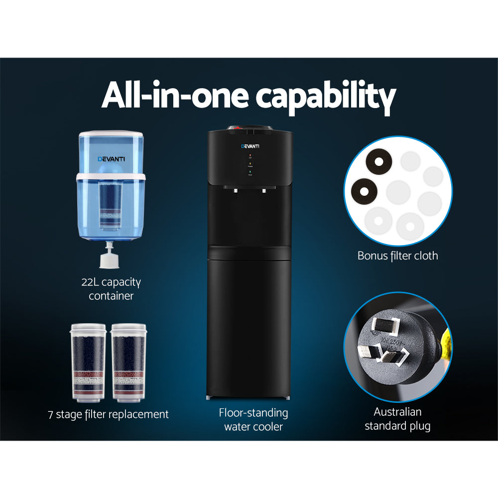 Floor-standing water cooler with components and features on a dark blue background