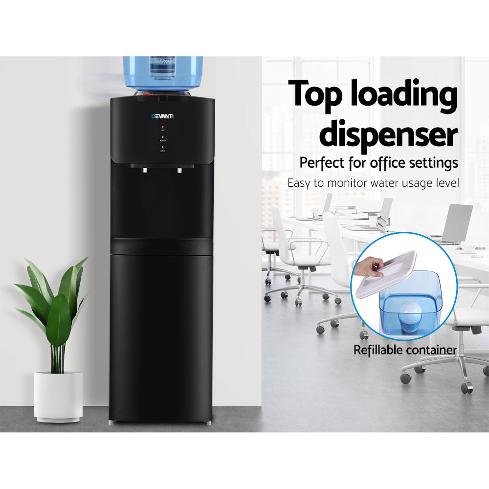 Black top-loading water dispenser with a plant and office setting in the background