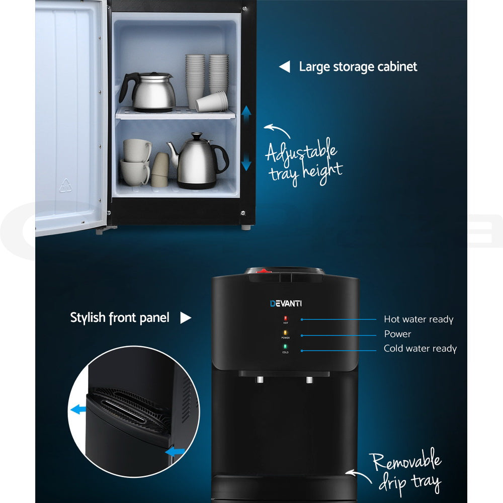 Black water dispenser with labeled features on a blue background