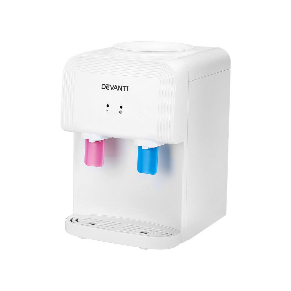 White water dispenser with pink and blue handles on a white background