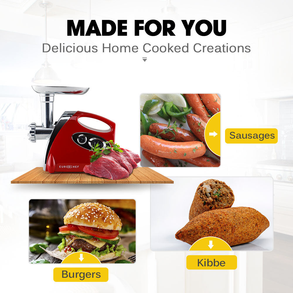 EuroChef meat grinder with sausage filler and kibbe attachments