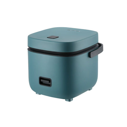 Compact blue rice cooker with sleek design and front handle.