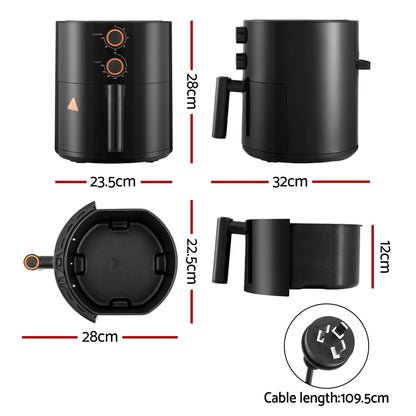 Black electric kettle with dimensions labeled on a white background