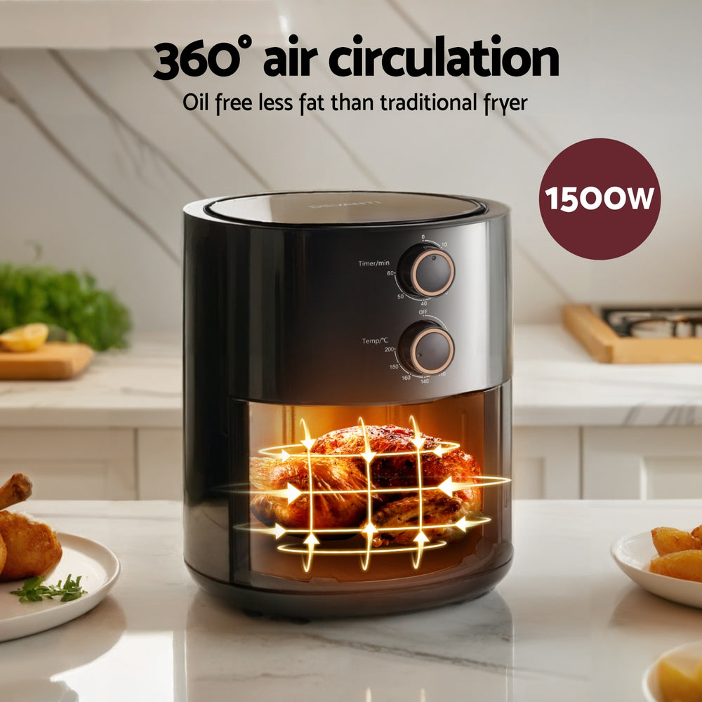 Air fryer with 360-degree air circulation on a kitchen counter