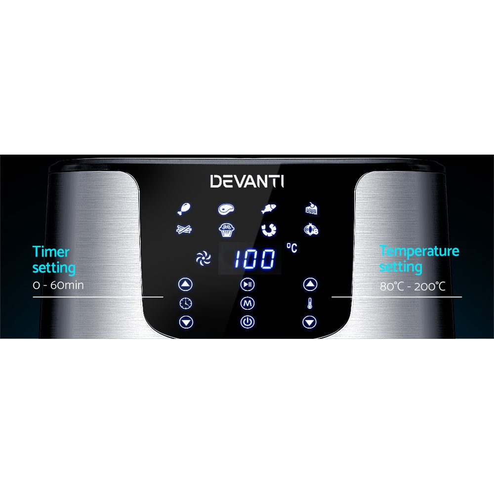 Served dishes made with Devanti 7L Air Fryer including roast, chips, and vegetables