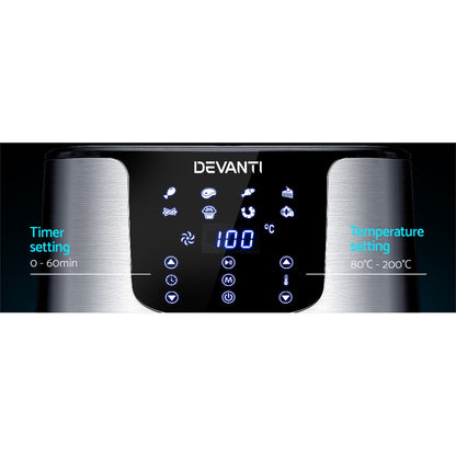 Served dishes made with Devanti 7L Air Fryer including roast, chips, and vegetables