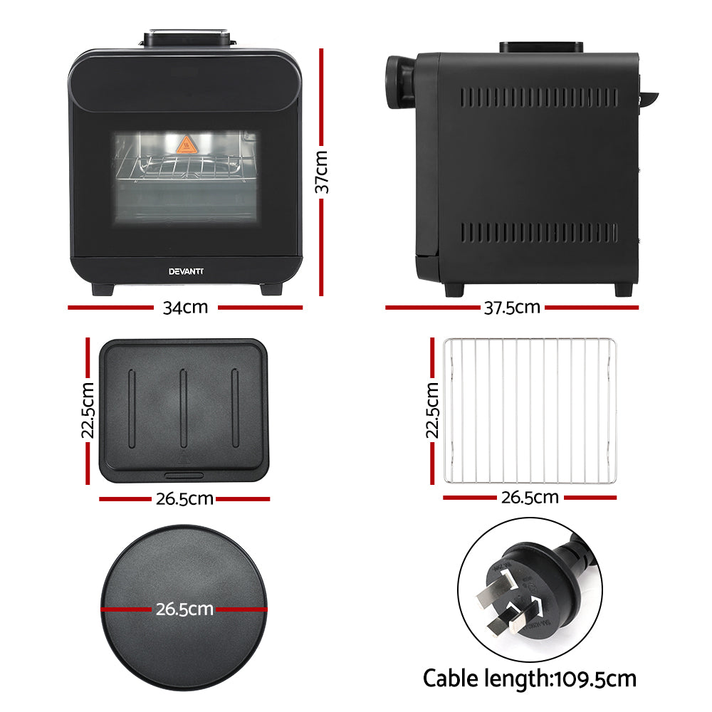 Black appliance with dimensions labeled on a white background