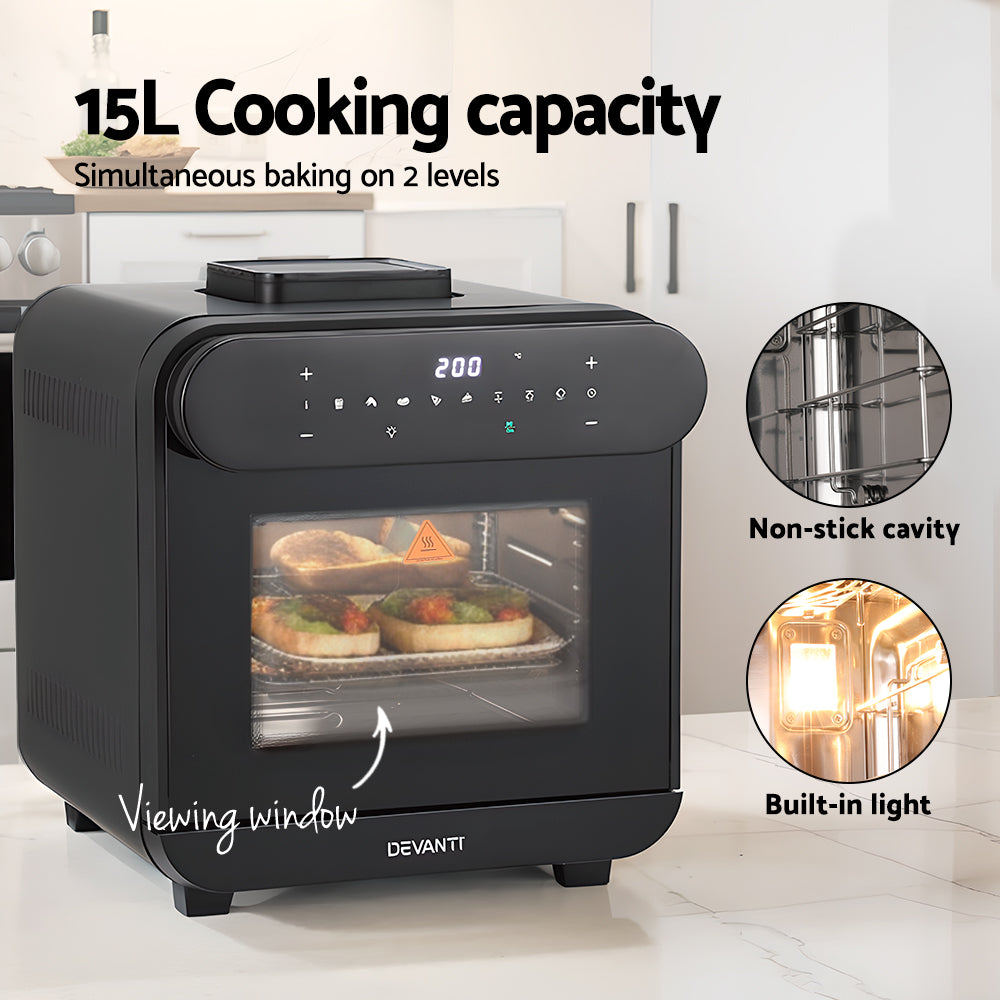 Black Devanti oven with 15L cooking capacity, showing interior and features on a kitchen background.