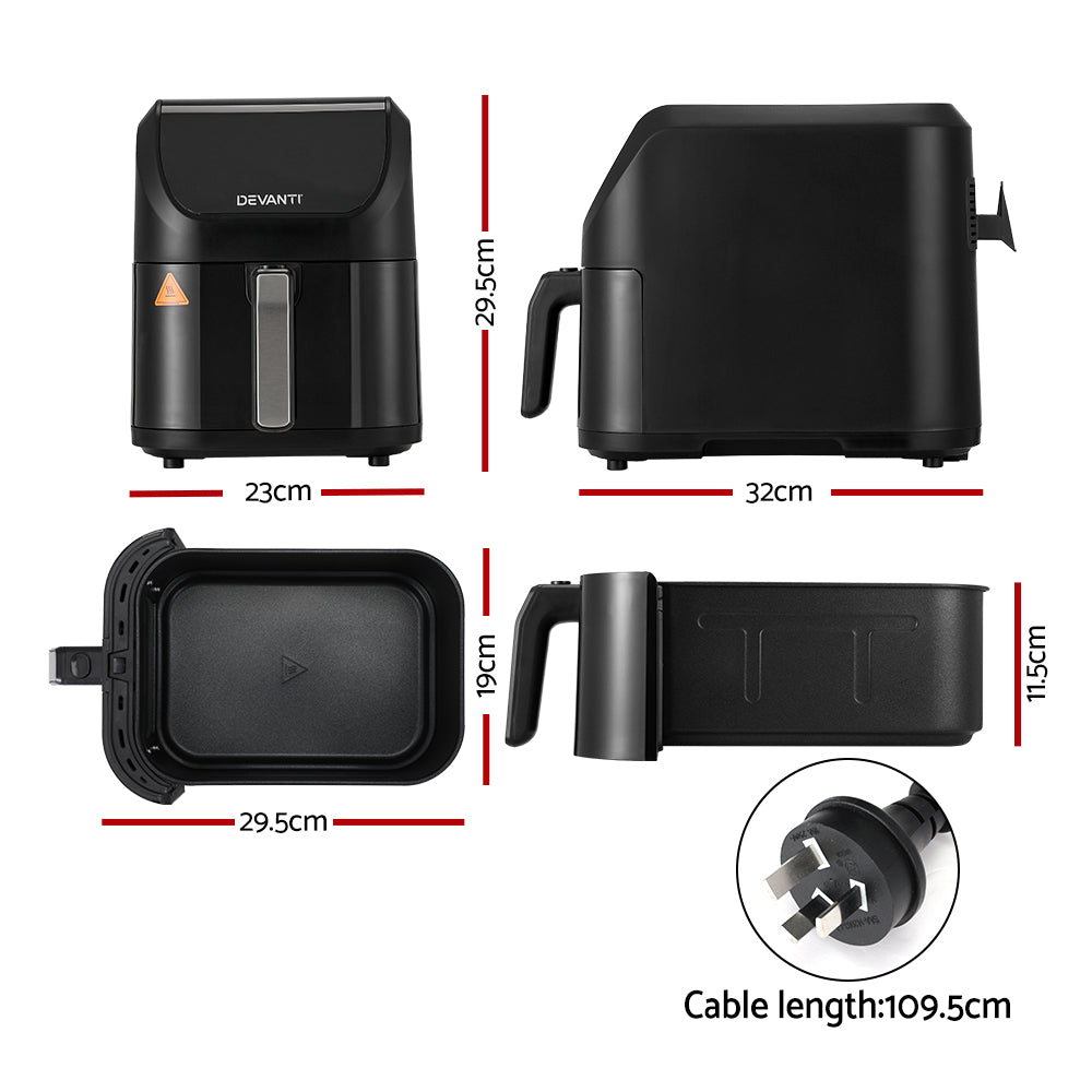 Black air fryer with dimensions and cable length displayed