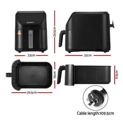 Black air fryer with dimensions and cable length displayed