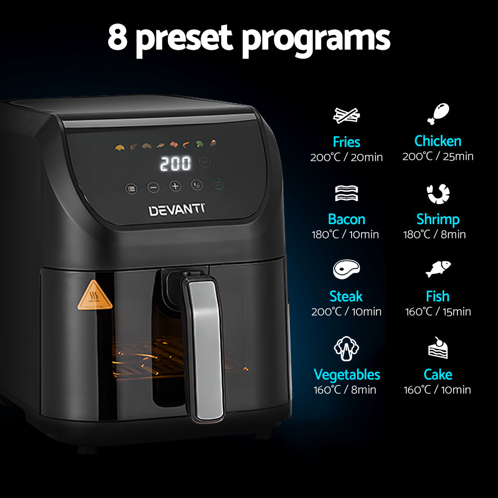 Devanti air fryer with preset cooking programs displayed on a dark background