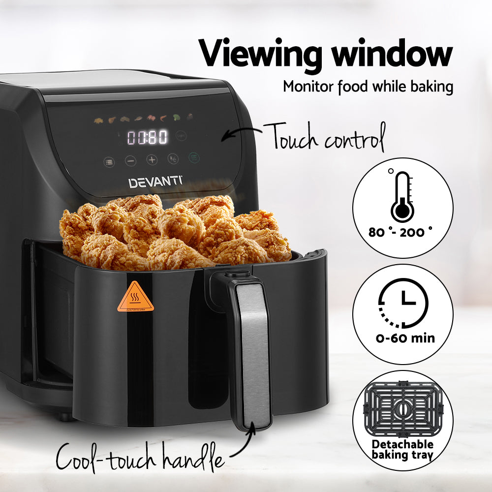 Devanti air fryer with fried chicken inside, showing features like a viewing window, touch control panel, and detachable baking tray.