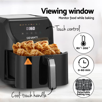 Devanti air fryer with fried chicken inside, showing features like a viewing window, touch control panel, and detachable baking tray.