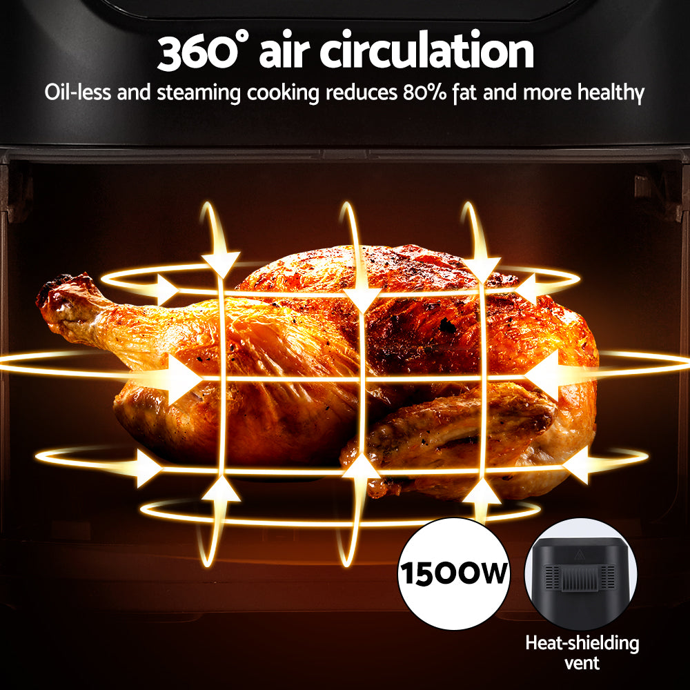 Oven with a roasted chicken and text highlighting 360-degree air circulation, oil-less cooking, and heat-shielding vent.