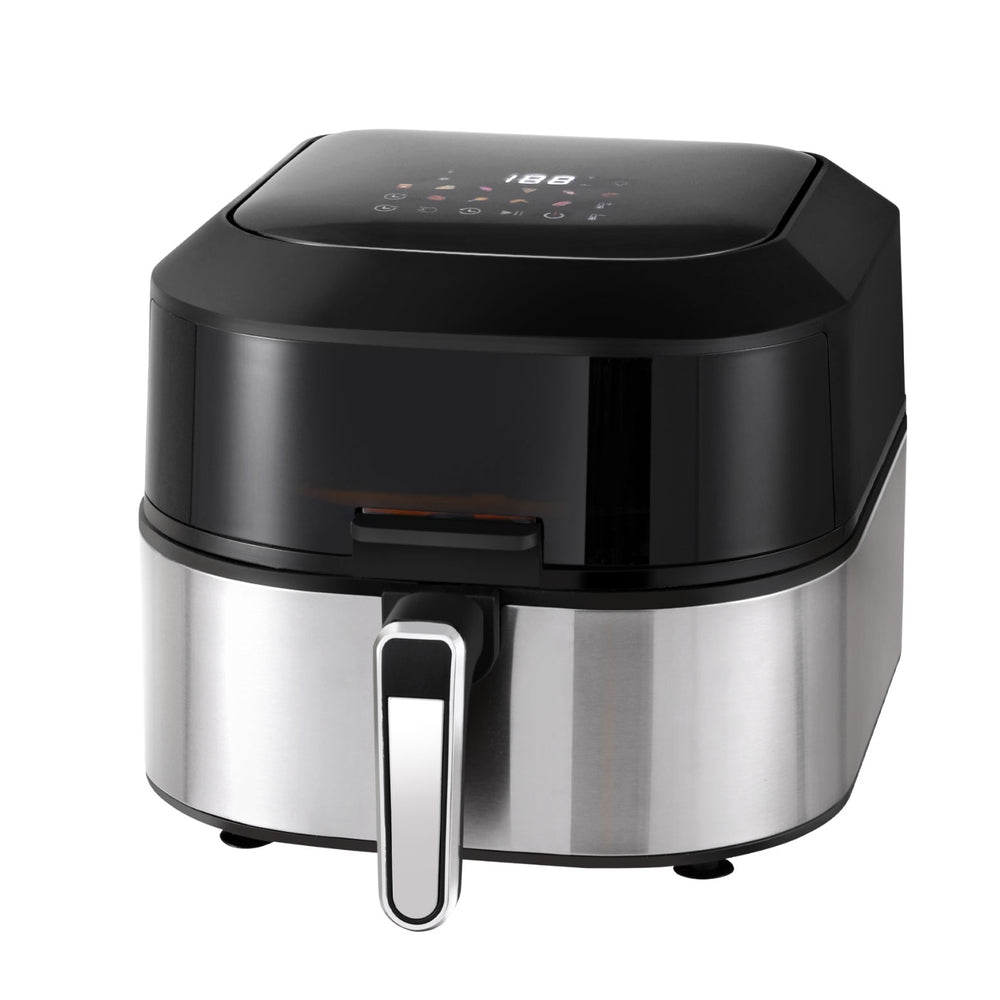 Black and silver air fryer on a white background