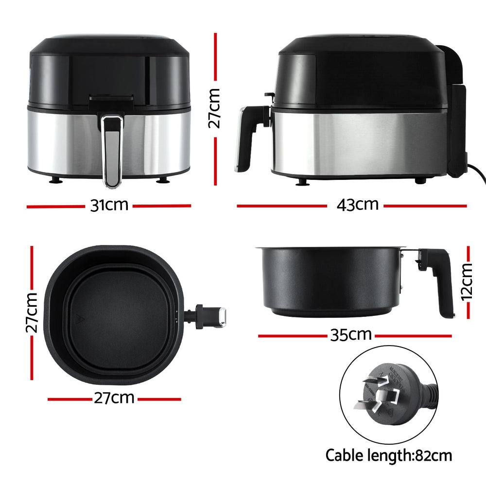 Black and silver air fryer with dimensions labeled on a white background