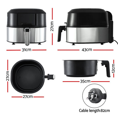 Black and silver air fryer with dimensions labeled on a white background