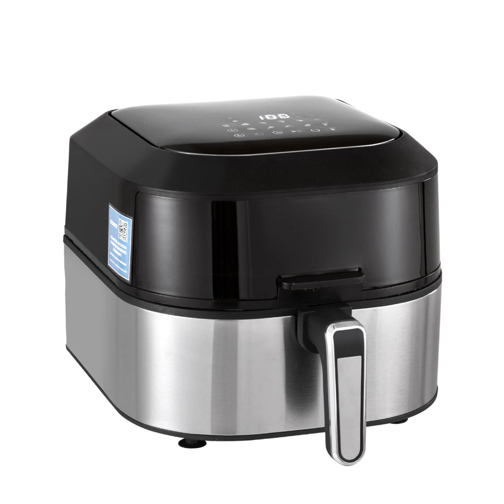 Black and silver air fryer on a white background