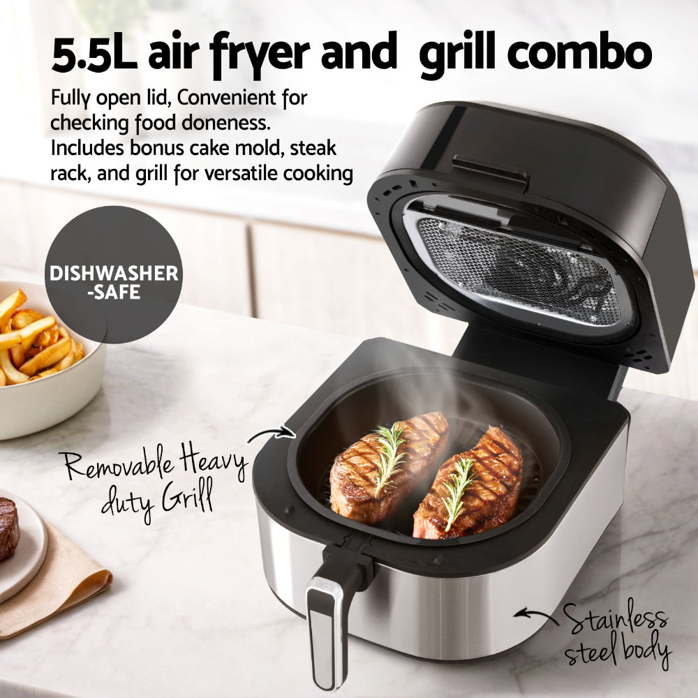 5.5L air fryer and grill combo with food inside, on a kitchen counter.