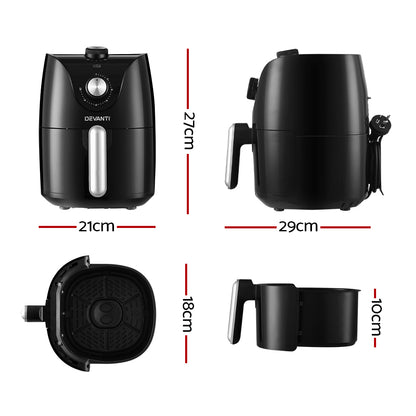 Black Devanti air fryer with dimensions labeled on a white background