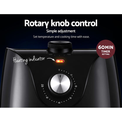 Black kitchen appliance with rotary knob control and heating indicator, featuring text on a black background.