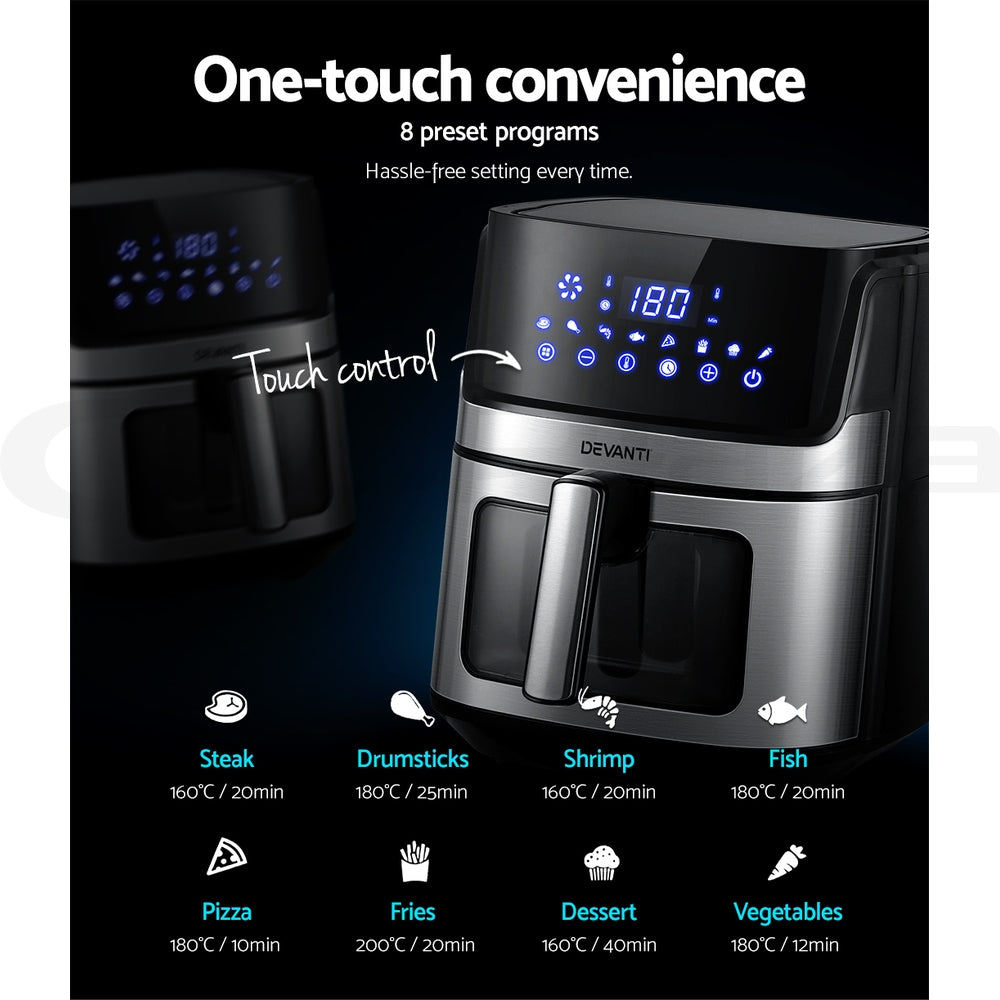 Devanti air fryer with digital display and preset cooking programs on a dark background