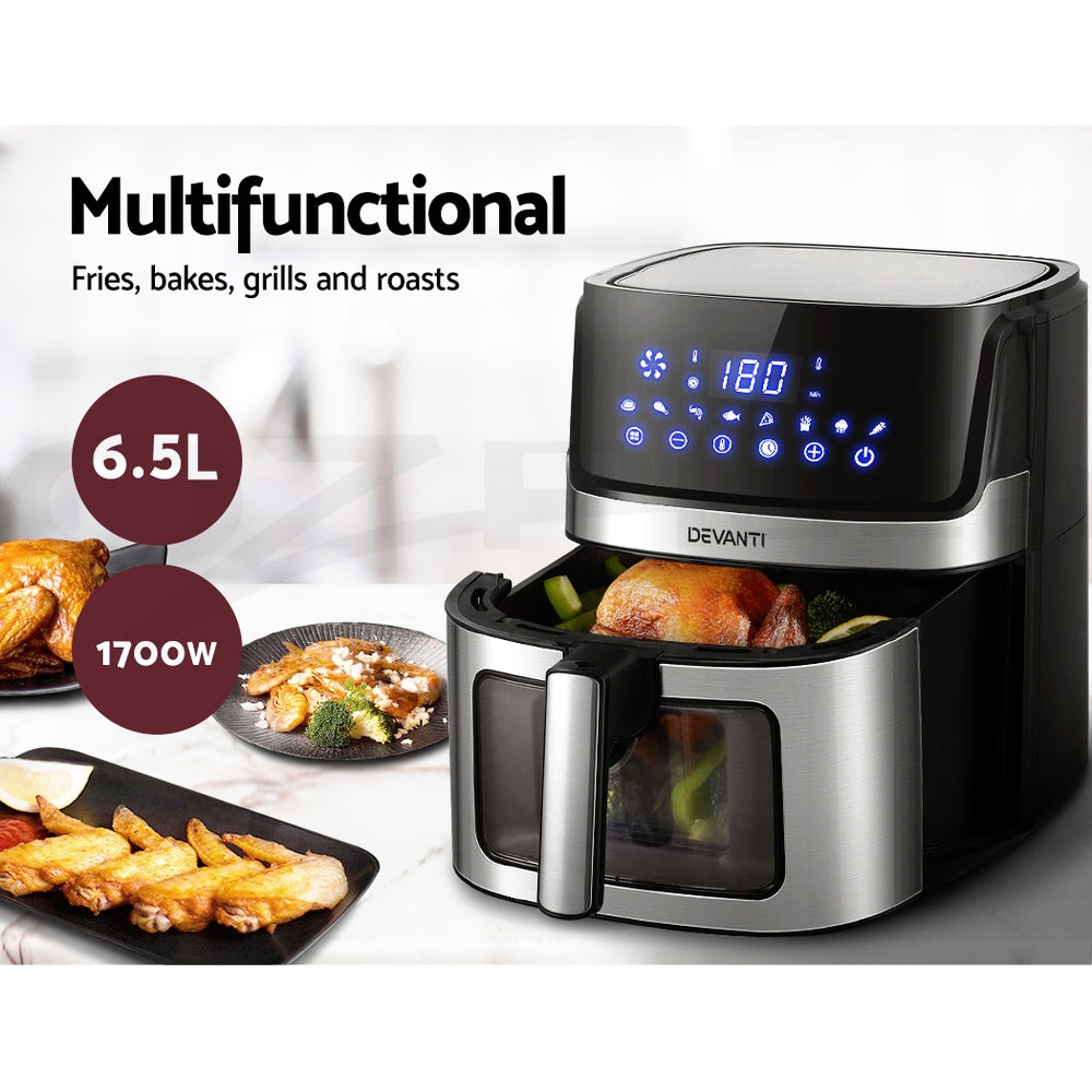 Multifunctional air fryer with digital display and food items on a white background