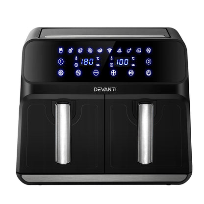 The dual basket air fryer, showcasing the modern LCD display in a home kitchen setting.