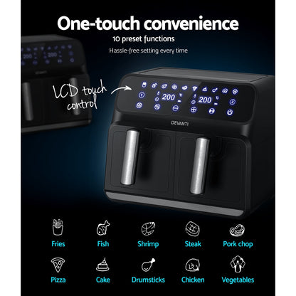 Close-up of the air fryer LCD touch screen panel, as the model selects a cooking preset with ease.