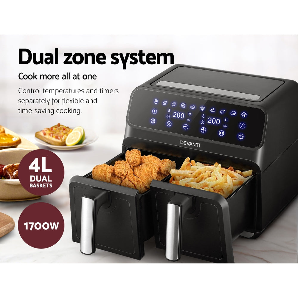 Chicken and vegetables straight from the dual baskets, showcasing separate cooking functions for mains and sides.