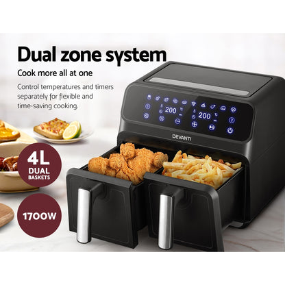 Chicken and vegetables straight from the dual baskets, showcasing separate cooking functions for mains and sides.